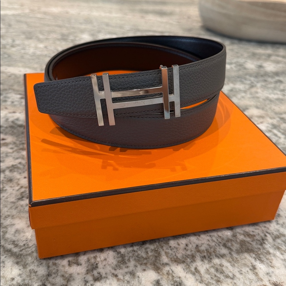 Hermes Gray Reversible H Belt with Silver H Buckle